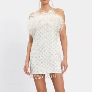 Rebecca Vallance White Feather-Trim Mini Dress